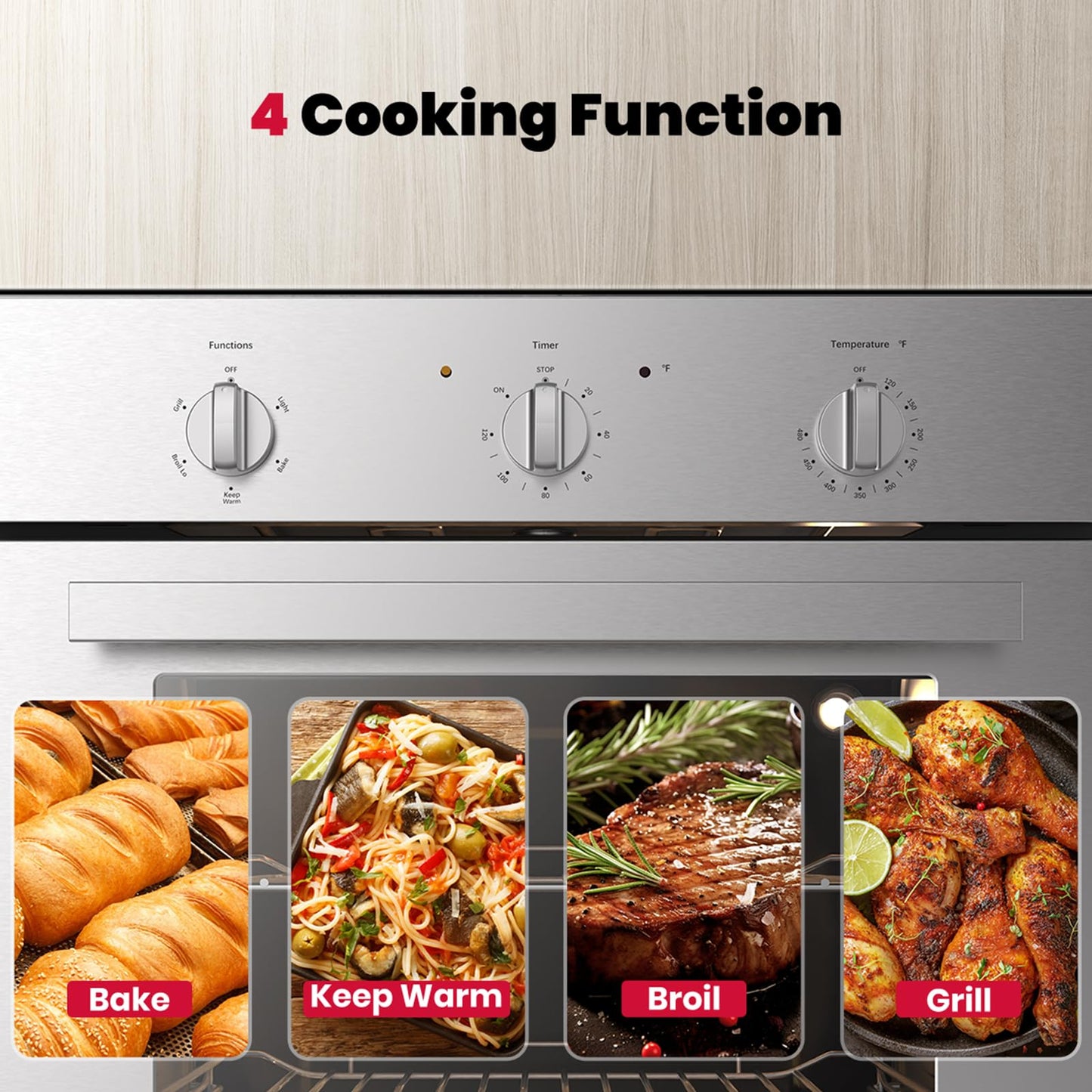 24 Inch Electric Wall Oven, GASLAND Built-in Oven with 2.79 Cu.ft Capacity, 5 Working Functions, Ergonomic knob, Removable 3-Layer Glass Door, 2200W Stainless Steel Single Wall Oven, ETL Certified