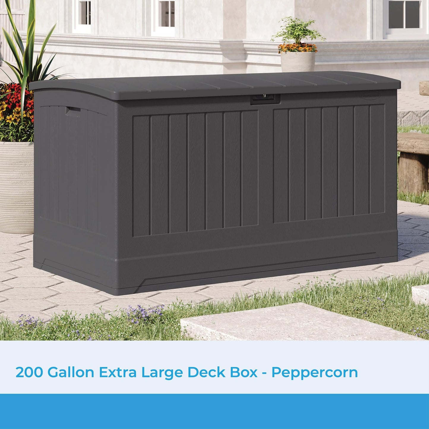 Suncast Extra Large 200 Gallon Deck Box - Resin Outdoor Storage Box for Patio Cushions, Outside Toys, Garden Tools & Pool Supplies, Weatherproof Lockable Outdoor Storage Bin, Peppercorn