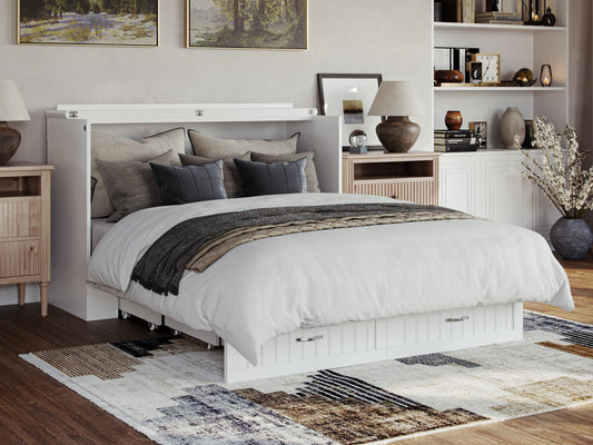 Cottage Style Queen Size Murphy Bed Chest with Mattress, Storage, and Built-in Charger in White