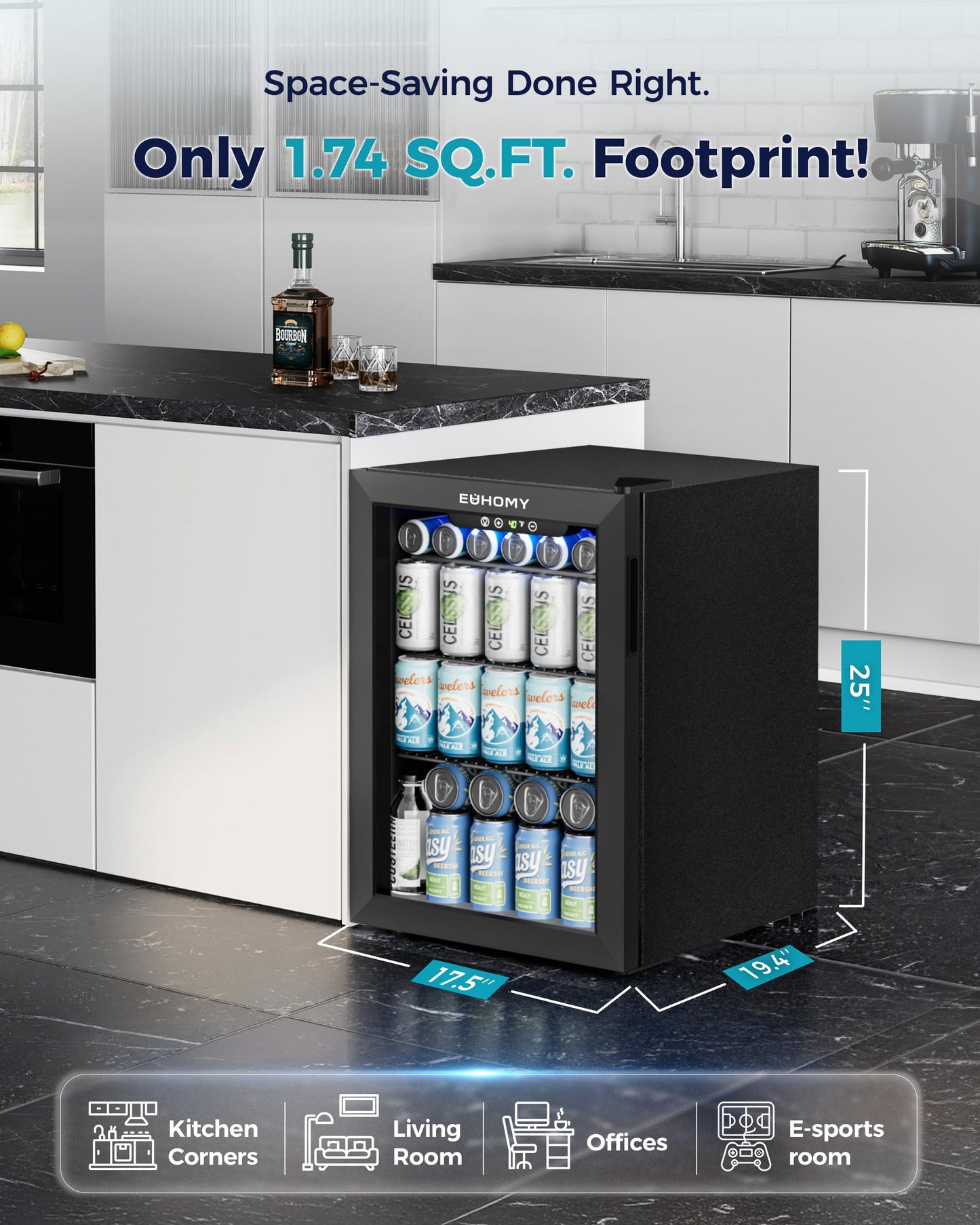 EUHOMY 100 Can Beverage Refrigerator cooler-Mini Fridge Glass Door for Beer Drinks Wines, Freestanding Beverage Fridge with Adjustable Shelves Blue LED for Home/Office/Dorm/Bar, 2.7 cu.ft