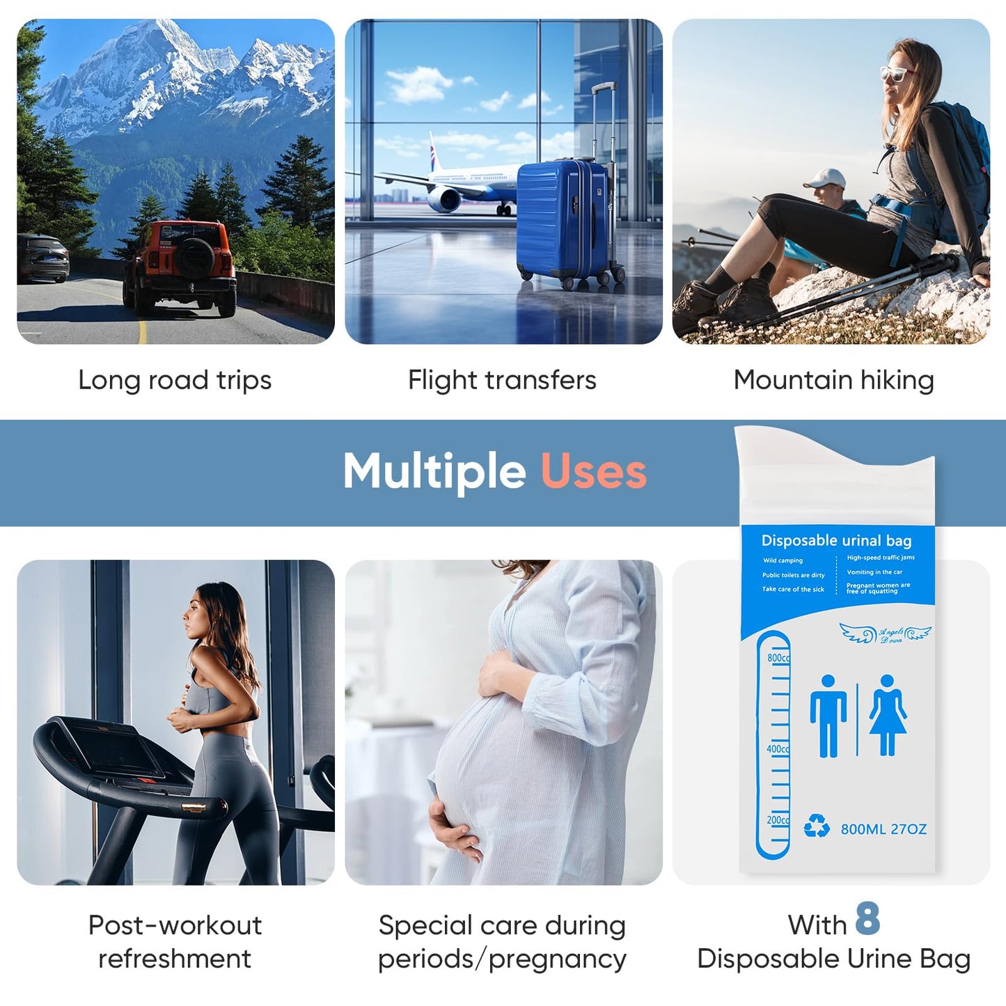 POCALAND Portable Travel Bidet & 8 PCS Disposable Urine Bag, for Women/Men Baby Cleaning, IPX7 Waterproof High Pressure Rechargeable Electric Handheld Bidet for Camping, Traffic Jams (White)