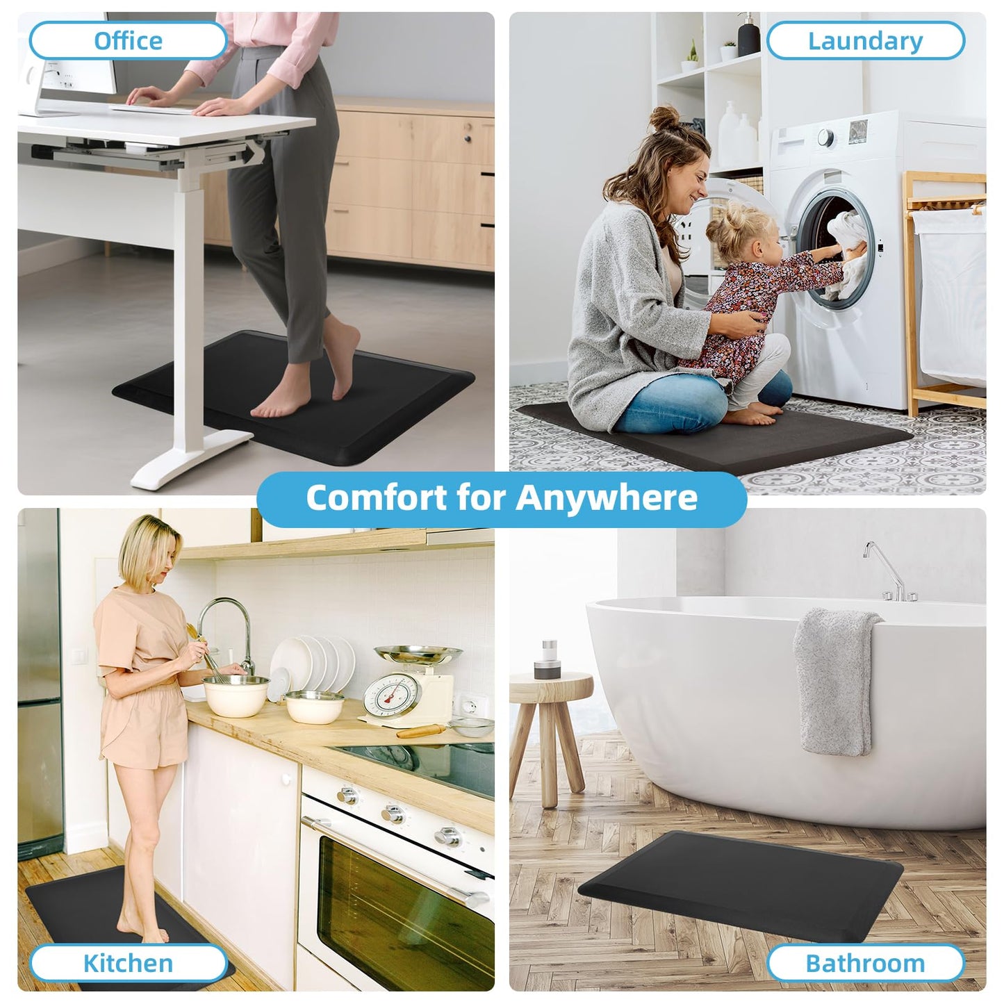 Art3d 3/4" Thick Kitchen Mats for Floor, Waterproof 20" X 32" Cushioned Comfort Mat, Anti Fatigue Mats for Kitchen, Ergonomic Standing Office Desk, Home and Garage, Black