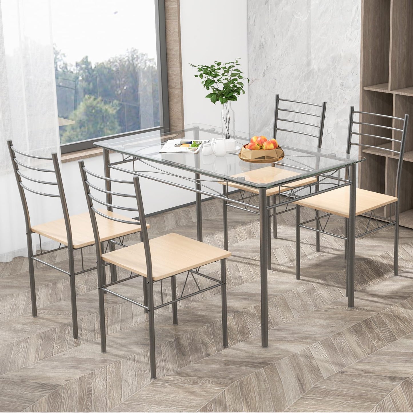 Giantex 5 Piece Dining Table Set, Kitchen Dining Set with Tempered Glass Table Top and 4 Chairs, Dinette Set for 4 for Breakfast Nook Dining Room Kitchen (Transparent)