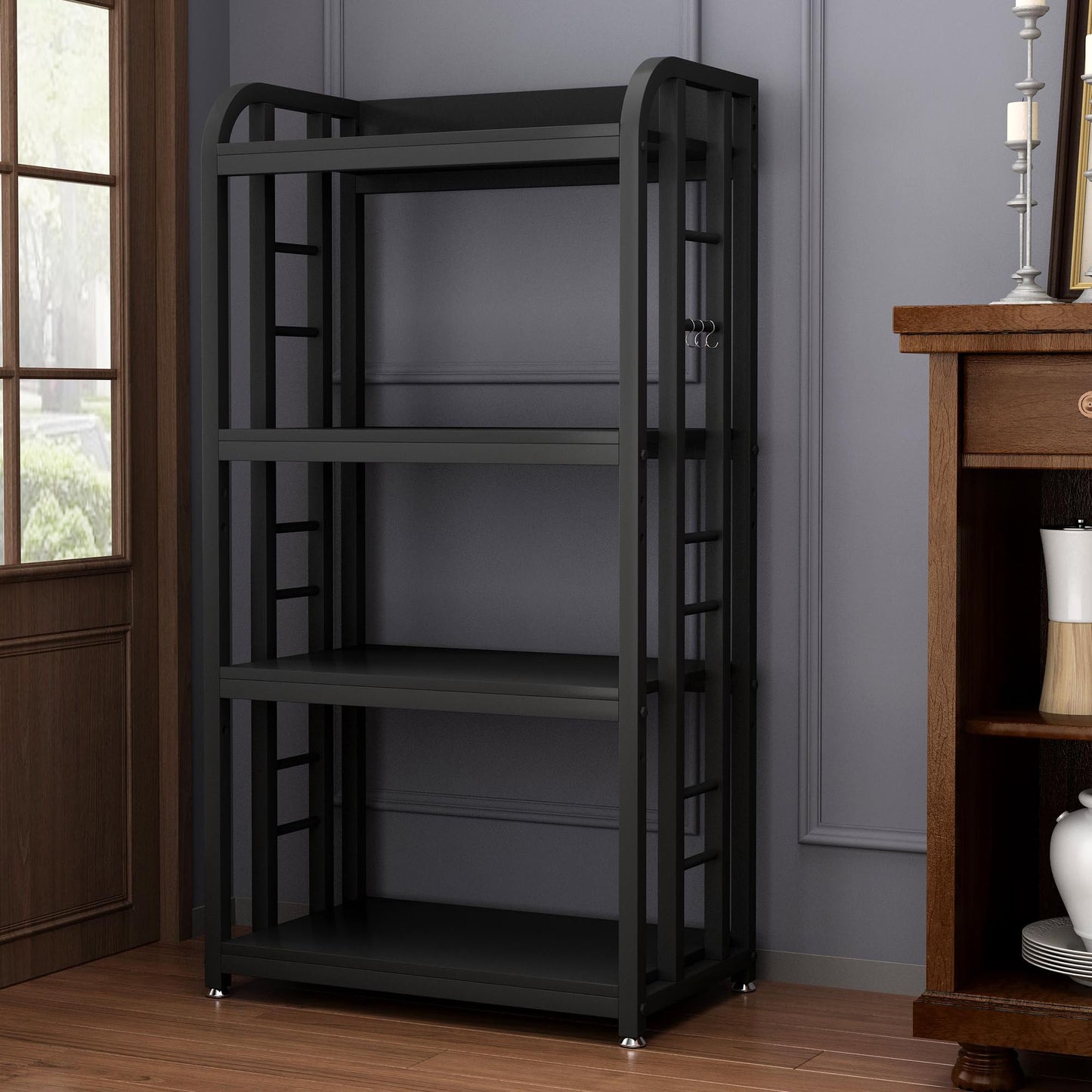 lovemanxi 4-Tier Kitchen Baker's Rack, Free Standing Microwave Oven Stand Utility Storage Shelf Island Coffee Bar for Living Room, Home Office (Black)