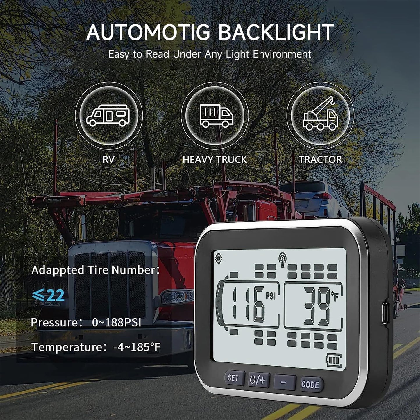 MIRAIDON 4.3" Trailer Tire Pressure Monitoring System with 10 Sensors, RV TPMS with 5 Alert Modes, Solar Power Wireless TPMS, 80ft Sensing Distance Tire Pressure Monitor for Trailers, Heavy Trucks
