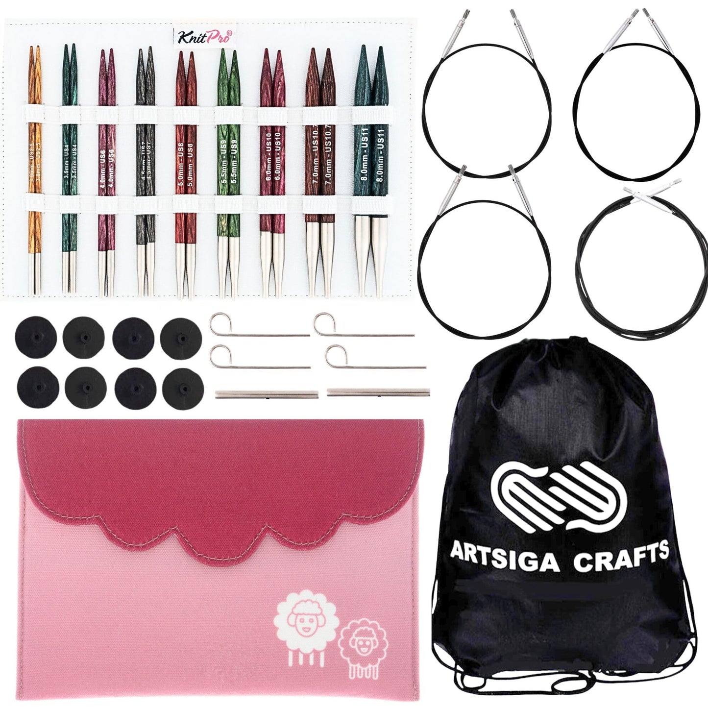 KnitPro Dreamz Deluxe Set 5 inch Circular Knitting Needles Size 2.5, 4, 6, 7, 8, 9, 10, 10.75, 11 Interchangeable, 4 Cables, 8 Caps, 4 Keys, 2 Connectors, Fabric Case with Project Bag