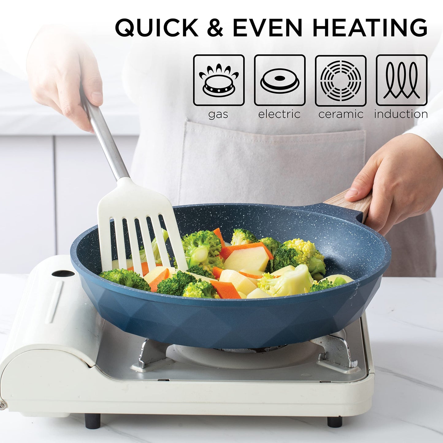 Country Kitchen Non-Stick Cast Aluminum Cookware Set - Durable Kitchen Cookware for Everyday Cooking, Navy Diamond, 11 Pc.