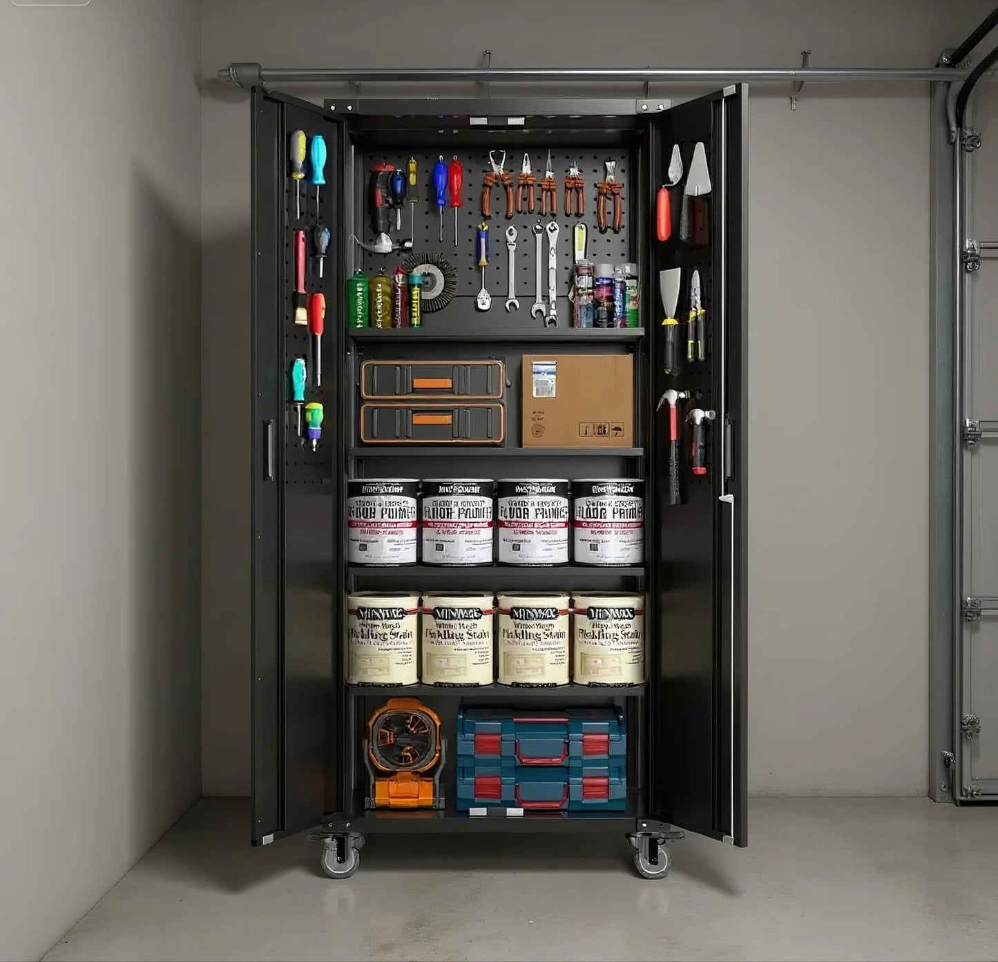 PeacefulHues Metal Garage Storage Cabinet with Doors and Wheels, 72" High Lockable Storage Cabinet with 4 Adjustable Shelves and Pegboard, for Garage Workshop Home Office
