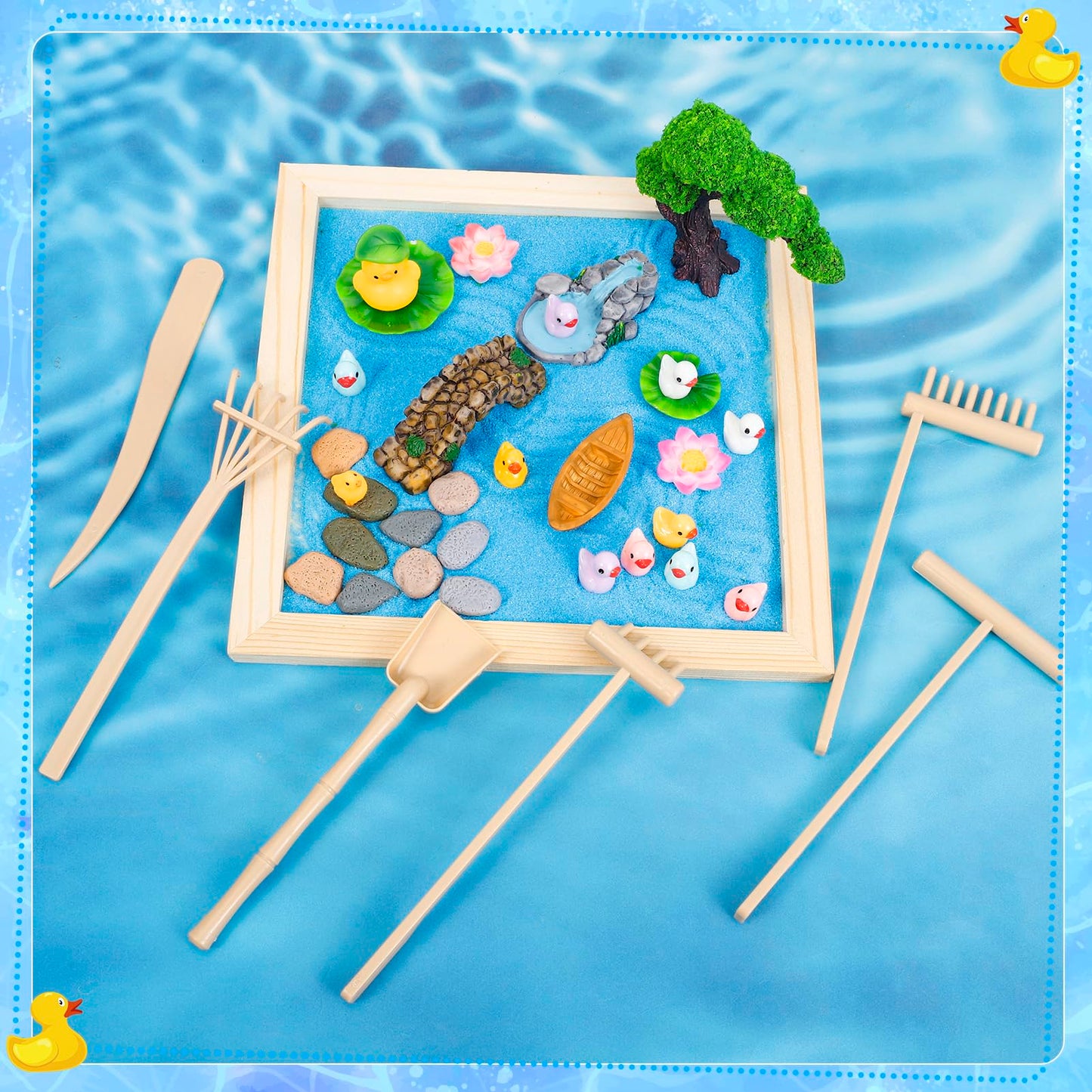 Angirlish 43PCS Zen Garden Kit for Desk, Mini Sandbox Set Gifts Included Wooden Tray Sand Tools Mini Resin Ducks and Accessories, Sand Tray Therapy for Meditation Room Office Home(Duck)