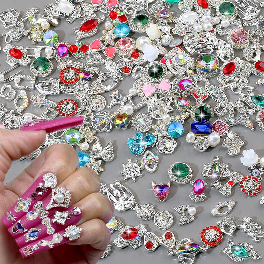 50pcs 3D Nail Charms for Acrylic Nails, Mix Styles Silver Rhinestones for Nails Metal Nail Jewels for Nail Art Charms for Nails Design Alloy Zircon Nail Rhinestones Pearl Nail Gems Women Nail Supplies