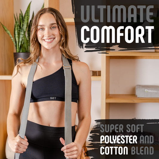 Gradient Fitness Yoga Strap, Friction-Less Easy-Feed Buckle, Yoga Straps for Stretching, Super Soft Cotton/Polyester Blend Webbing, Yoga band, Free eGuide. (8 Feet) Gray