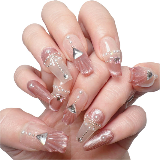 NLSJMP, 10Pcs,Size M, Handmade Long Press on Nails Ombre Balerina Acrylic Fake Nails Kit,3D Glitter Pearl Design Nail Art Kit,Reusable False nails,Include Toolkit,Elegent
