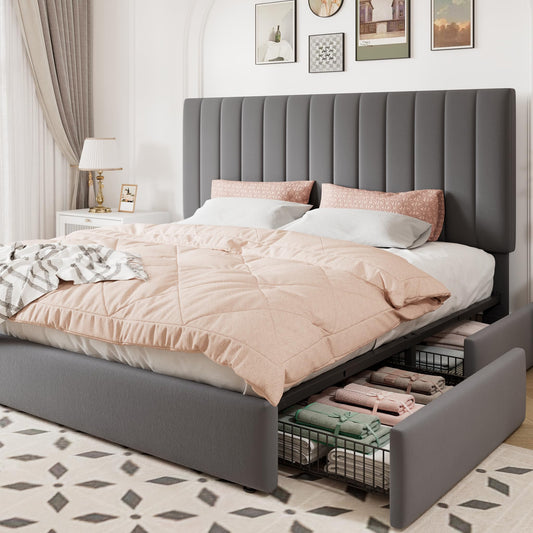 Allewie King Size Storage Bed Frame, Vertical Channel Tufted Adjustable Headboard, Velvet Upholstered Platform Bed with 4 Oversized Underbed Drawers, Wooden Slats Support, No Box Spring Needed, Grey