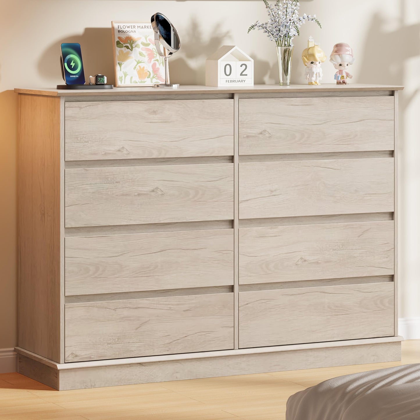 GarveeHome 8 Drawer Dressers for Bedroom, Chest of Drawers with Deep Drawers, Large Double Dresser for Closet with Wide Top, Horizontal Wooden Dresser for Living Room, Hallway, Kids Room, Oak