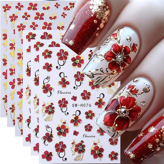 Red Flower Nail Art Sticker Decal 6Pcs 3D Elegant Self-Adhesive Nail Stickers Golden Trim Nail Decal Red Floral Nail Supply Spring Summer Flower Nails Design for Women Manicure DIY Decoration