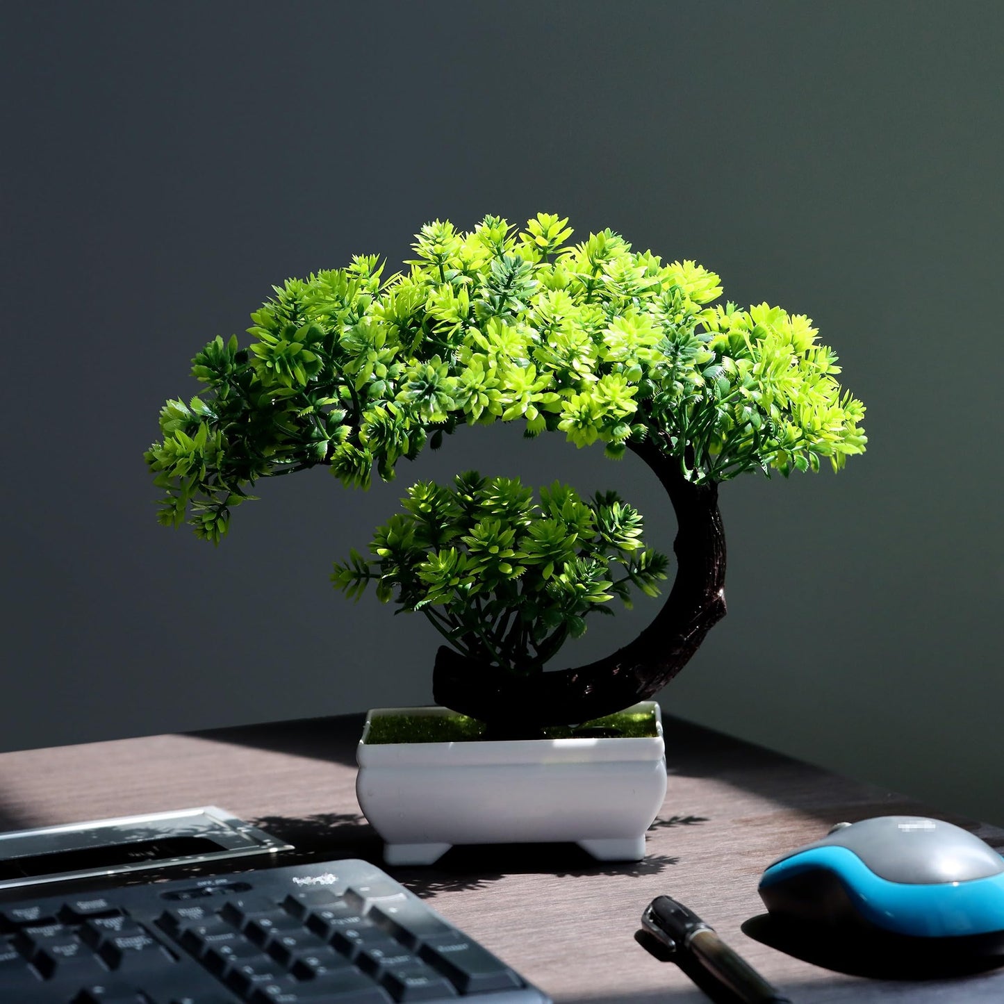 YOERM Fake Plants Small Artificial Bonsai Tree for Home Decor Living Room Bathroom Bookshelf Entryway Table Wall Shelf Modern Farmhouse Decor, 8.5" Tall, Green