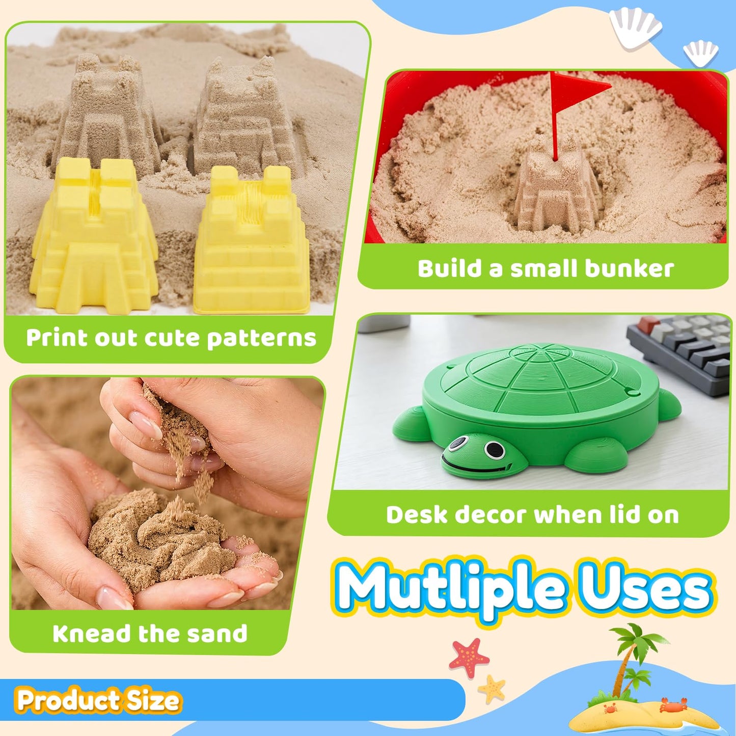 Aodomis 7.1 in Desktop Turtle Sandbox with Lid -17Pcs MINI Desk Zen Garden Kit with Varied Molds, Tools & Sand, Mini Zen Garden for Desk, Stress Relief Desk Toys Gifts for Office for Adults (Turtle)