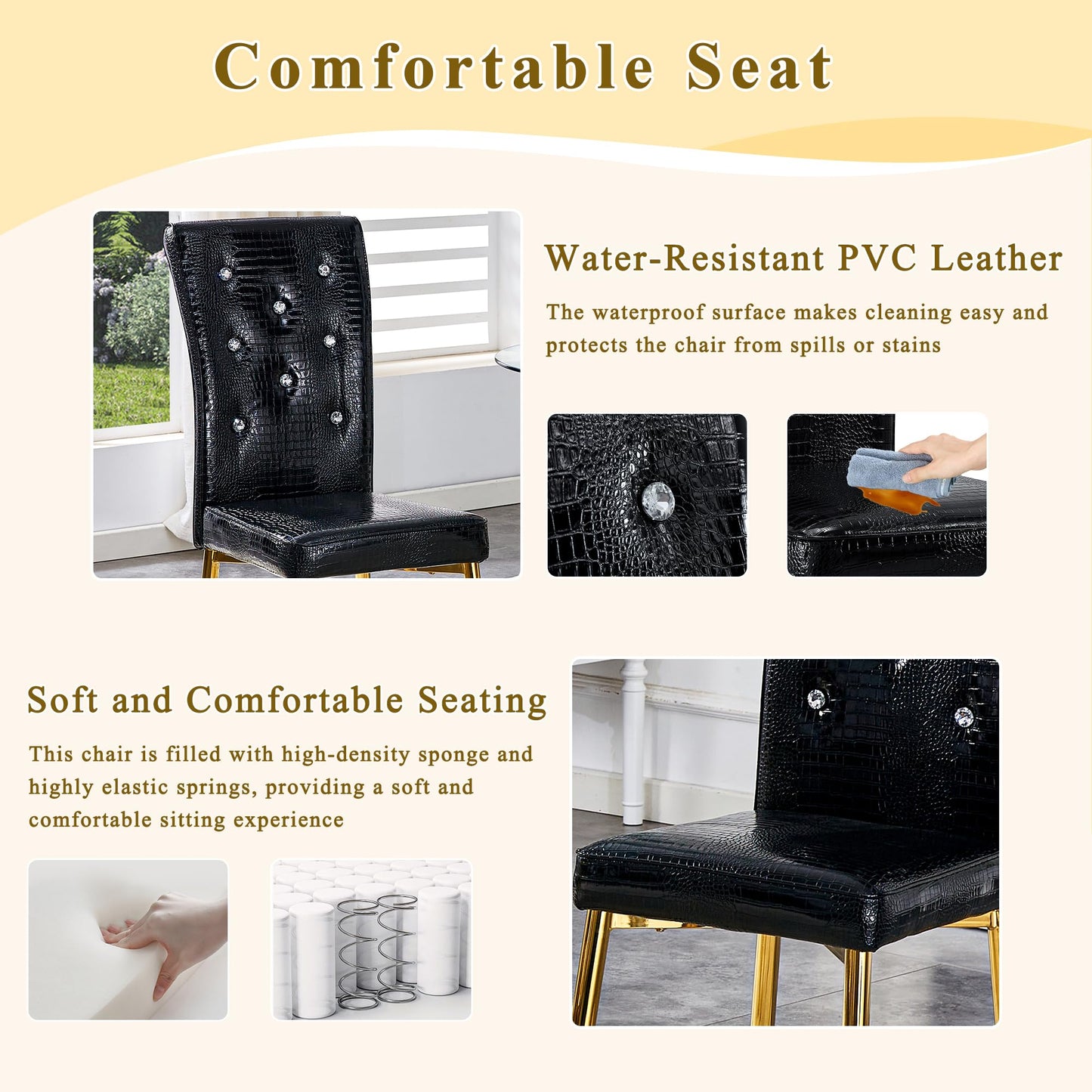 Vohward 71" Tempered Glass Dining Table Set for 6, 7 Piece Glass Dining Room Table Set with 6 Black Upholstered Chairs, Gold Metal Legs Modern Rectangular Kitchen Table and Chairs Set for Home