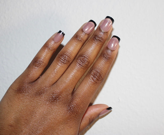 The Beauty Palace Short Square French Tip Press-On Nails - Midnight – Glazed Sheer Nude with Black Tips, Glossy Finish, 24-Piece Set