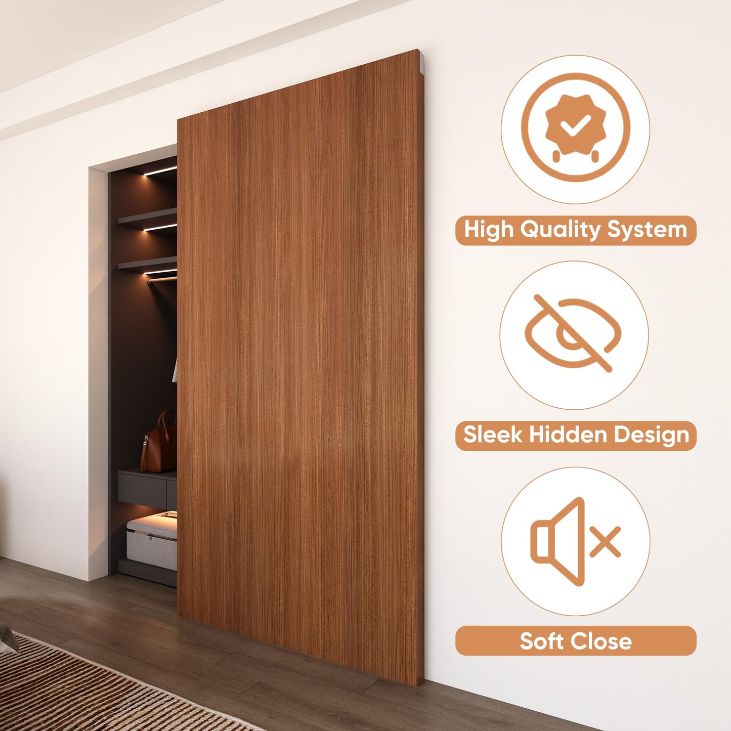 JUBEST 38" Concealed Barn Door Hardware Kit with Soft Close Mechanism, Wall Mounted Invisible Sliding Door Track for Opening Width 30" to 34", Hidden Barn Door Hardware Kit, Door Needs Groove