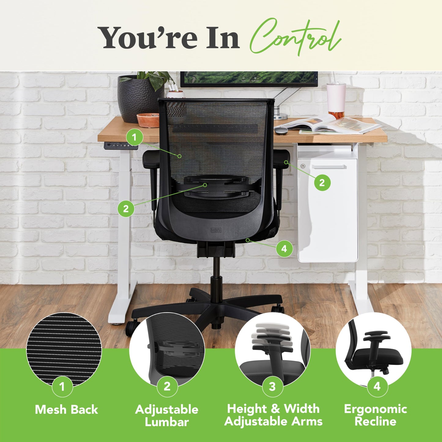 HON Convergence Ergonomic Office Chair, Breathable Back Support Mesh, Adjustable Arms, Computer Chair with Lumbar Support, Rolling Swivel Wheels, Comfortable Synchro-Tilt Recline, Fabric, Black