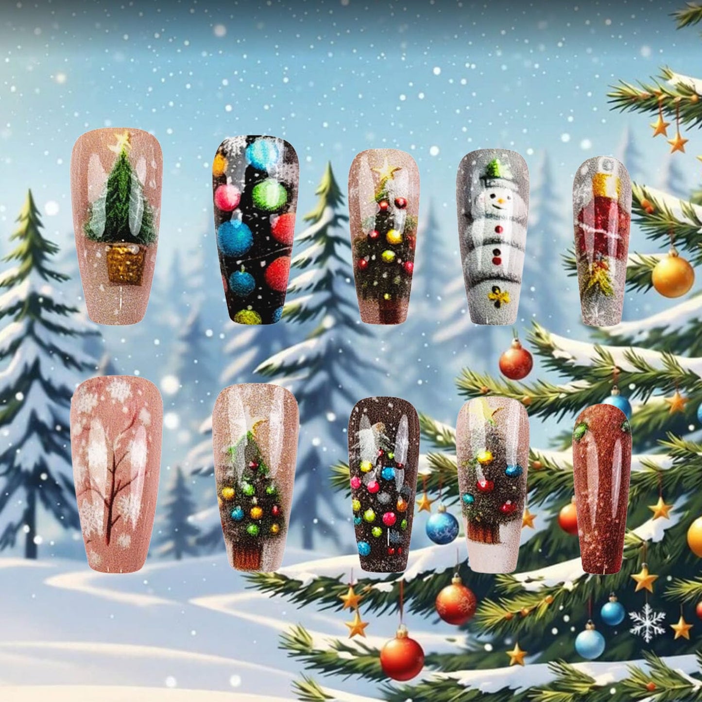 Christmas Press on Nails 24Pcs Glossy White Snowflake Acrylic Fake Nail Xmas Bell Medium Coffin False Nails Christmas Tree Stick on Fingernails Snowman Gel Glue on Nail for Women Xmas Gift