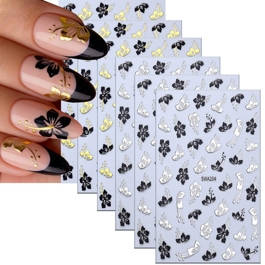 6 Sheets Flower Nail Art Stickers 3D Self -Adhesive Hibiscus Nail Decals Holographic Gold Silver Black Hibiscus Floral Nails Stickers for Women Spring Summer Acrylic Nails Decoration Supplies