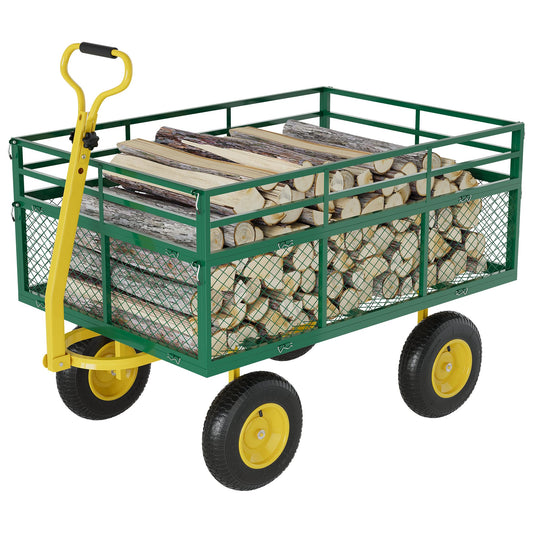 3-in-1 Heavy-Duty Steel Garden Cart, 1400 Lbs Garden Wagon, with 13 Inch All-Terrain Tires and Removable Mesh Side Panels, 180° Rotating Handle, Metal Utility Yard Trailer, Outdoor Gardens Wagon Cart