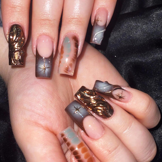 CTTHNBD Long Press on Nails Square - Brown Fake Nails with Water Wave Design - French Tip Stick on False Nails - for Women 24 Pcs