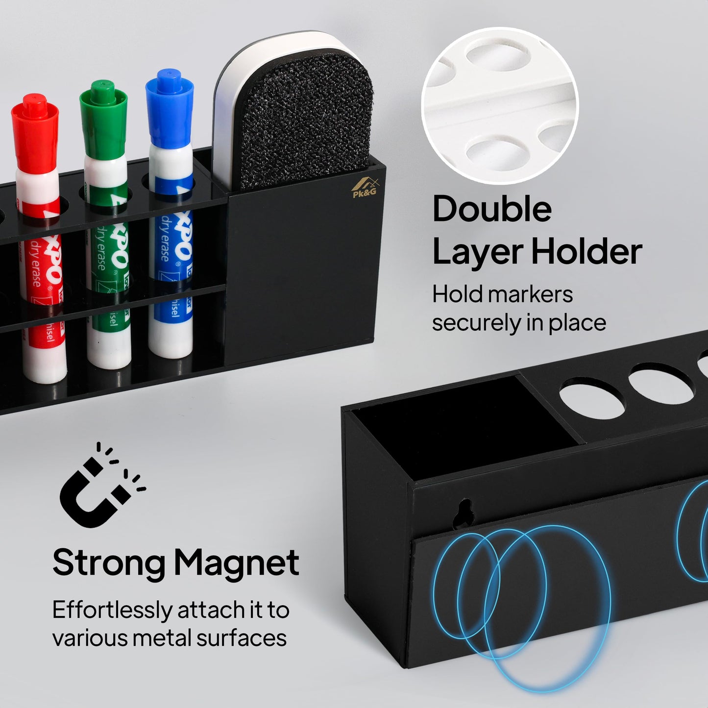 Slim Magnetic Dry Erase Marker Holder for Whiteboard, Space Saving Pen Organizer with Glass and Wall Mount Accessories for Fridge, Office, and School. Markers, Eraser, Cleaner Not Included (Black)