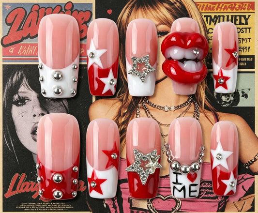 Handmade Press on Nails Square 3D Cute Glue on Nails for Women, Luxury Homemade Press on Nail Art Design, Fake Nails with 3D Nail Charms Size M 7