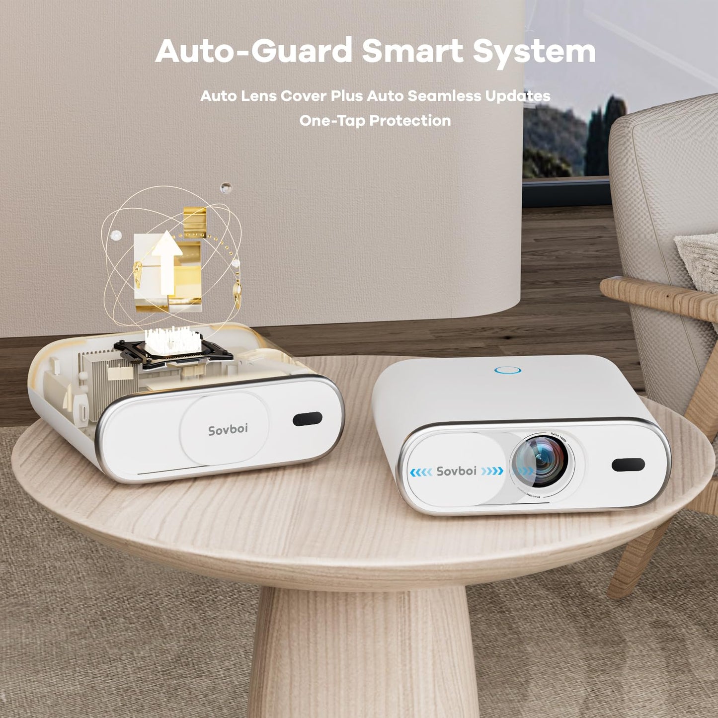 Projector Compatible with Google TV|1800 ANSI|Auto Lens Cap&4D Keystone|Auto Focus|Voice Control Portable Outdoor Projector 4K with WiFi and Bluetooth, Sovboi Smart Proyector for Netflix Home Theater