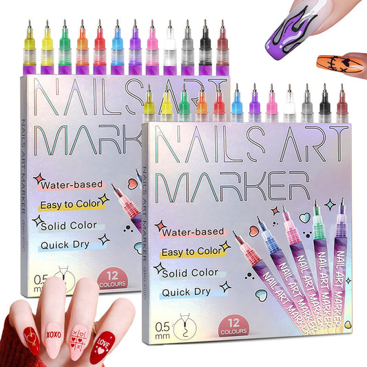 MKNZOME 12 Color Nail Art Pens, 2026 Upgrade 0.5 MM Nail Polish Pens Drawing Painting Point Liner Acrylic Painted Pen Kit, DIY Nails Art Design Manicure Tools Christmas Gifts (2 Set)