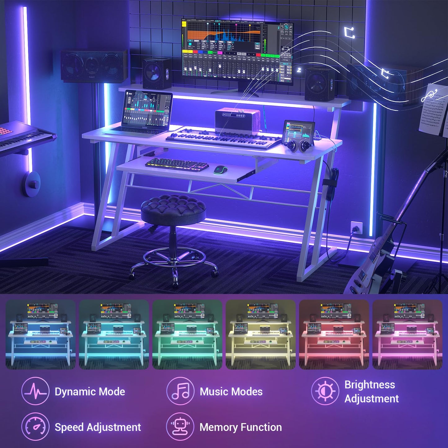Armocity Music Studio Desk, Music Production Workstation with Power Outlets and RGB LED Lights, Recording Studio Table Desks Music Producer for Home, White
