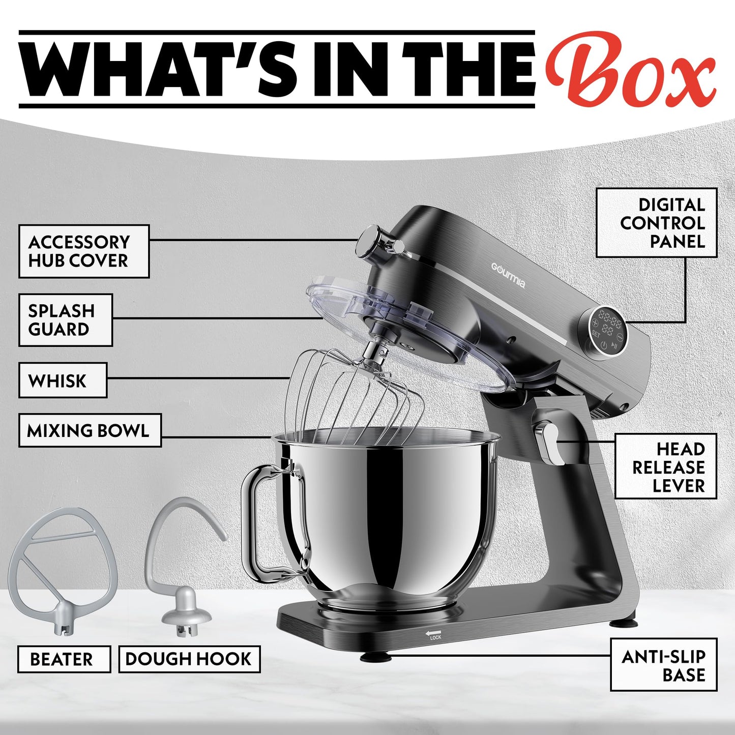 Gourmia Digital Stand Mixer - 7 QT Tilt-Head Kitchen Mixer with LED Timer, 10 Speeds, Stainless Steel Bowl, Attachments Included, 800W, Silver