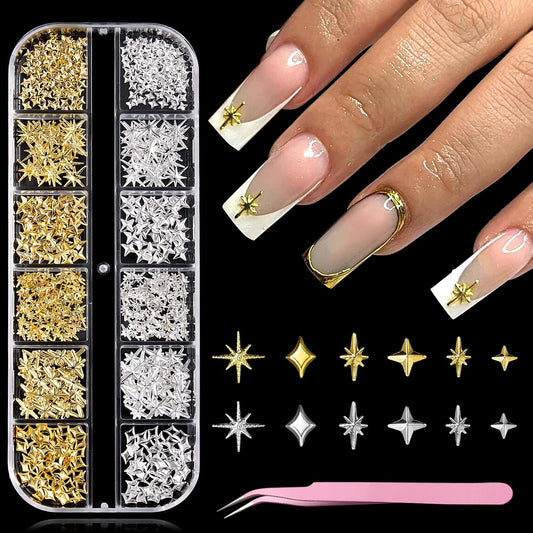 Furtherpretty Gold Star Nail Charms, 3D Silver Nail Charms Metal Studs Cross Star Celestial Nail Decorations, Flat-Back Nail Art Accessories with Tweezers for Women, Manicure Salon Supplies