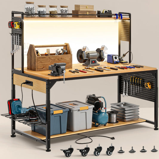 DWVO 59in Large Adjustable Height Workbench with Pegboard & LED Light, 1100lbs Load Heavy Duty Work Bench on Wheels. 59"x31" Work Table for Garage, Workshop, with AC/USB Outlet, Storage Shelf, Hooks