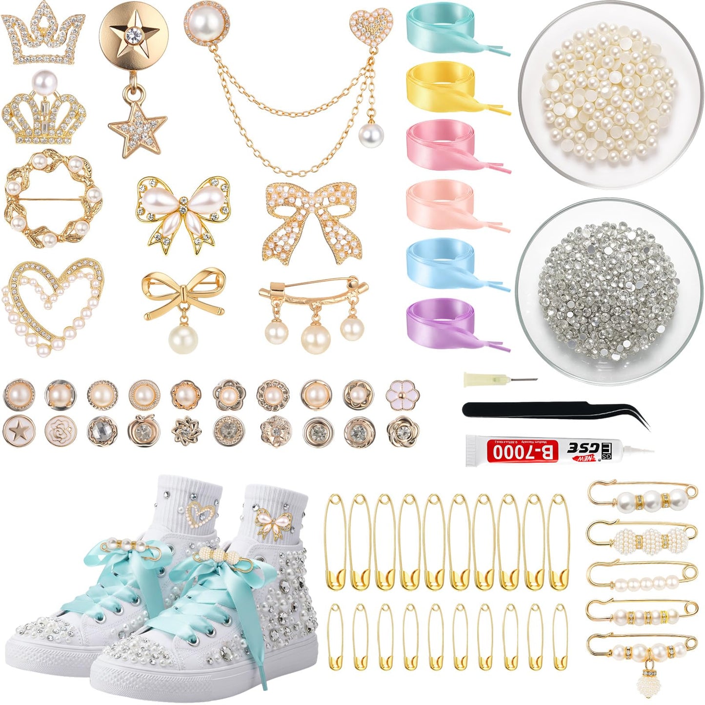 FineCheer 1505 Pcs Junk Socks Charms Kit Gold Brooches and Pins for Women, Pearl Patch Shoelaces Rhinestone Sock Charms with Safety Pins DIY Rhinestone for Clothe Hat Scarf Shawl Decoration