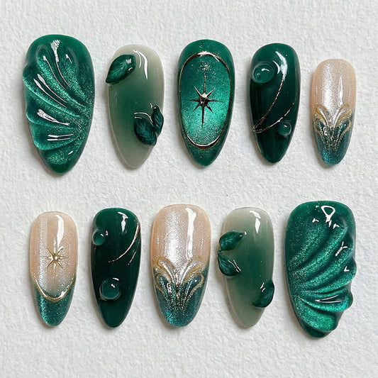 IMRAIN Handmade Press on Nails - Translucent Jade Green Jelly with 3D Leaves - 10Pcs Almond Shape Fresh Ice Glazed Nature Nails(m)