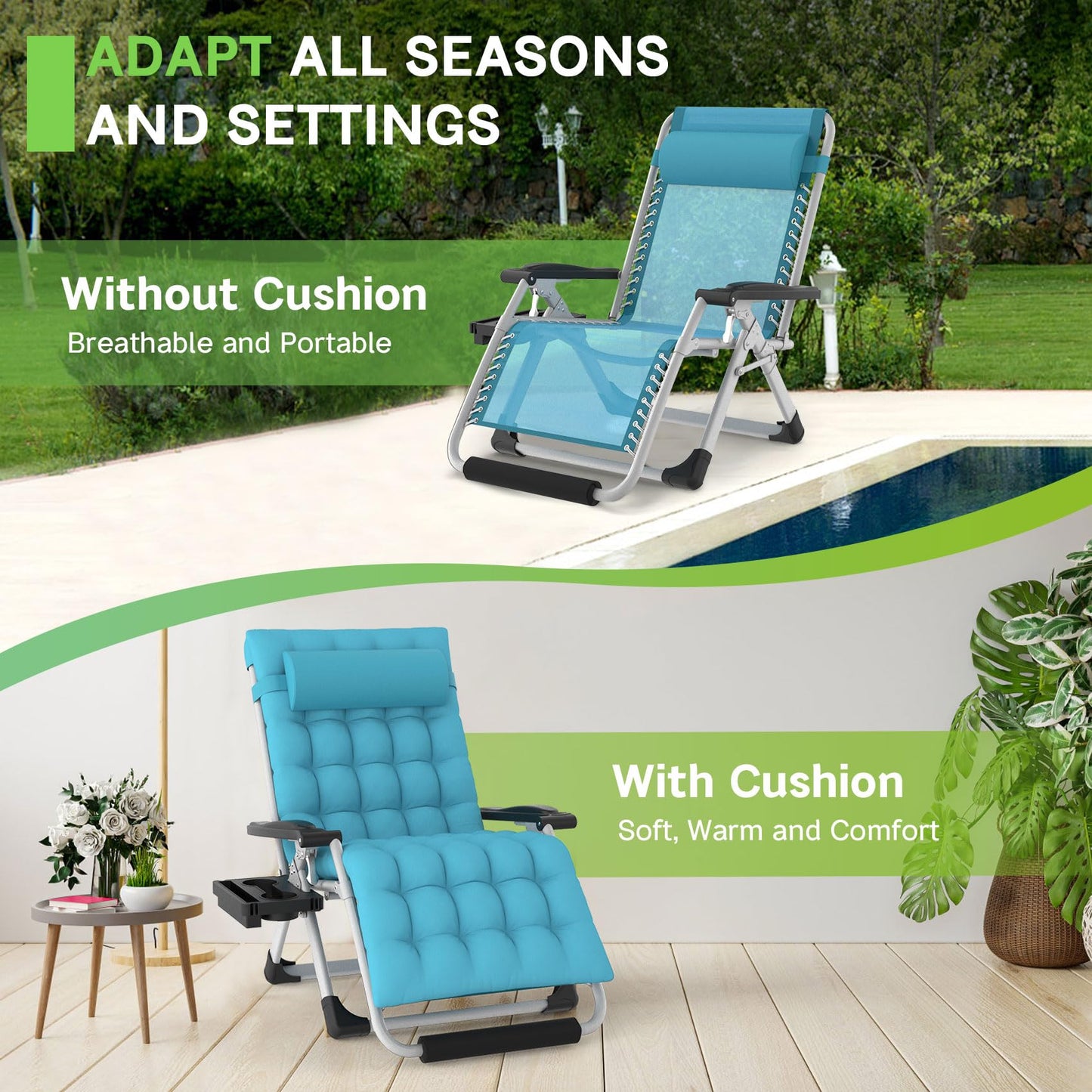 ZENPETIO Oversized Zero Gravity Chair, 33In XXL Zero Gravity Recliner Lounge Chair, Anti Gravity Chair for Indoor and Outdoor, Reclining Camping Chair for Lawn and Patio w/Cushion and Footrest, 500LBS