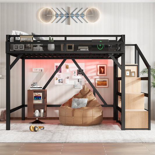 Bellemave Queen Loft Bed with Storage Stairs, Shelves & Wardrobe, Metal Queen Size Loft Bed Frame with USB Ports and LED Lights, Heavy Duty Loft Bed for Adults, No Box Spring Needed, Black & Natural