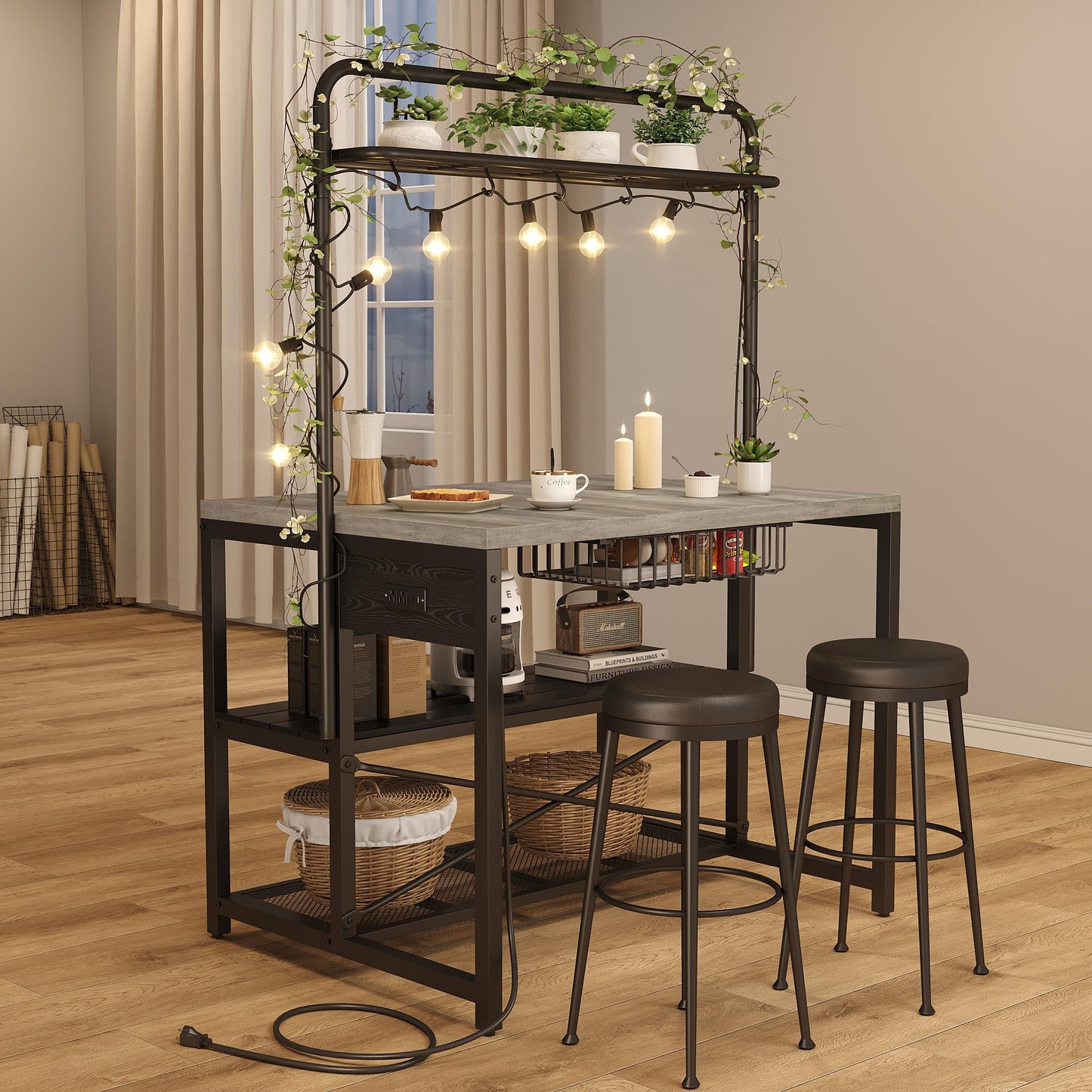 46" Large Kitchen Island Table Baker Rack with Power Outlet and 3-Tier Storage-Microwave Stand Oven Shelf, Metal Coffee Bar Table,Kitchen Storage Shelf for Dining Living Room, 5 Hooks,Grey