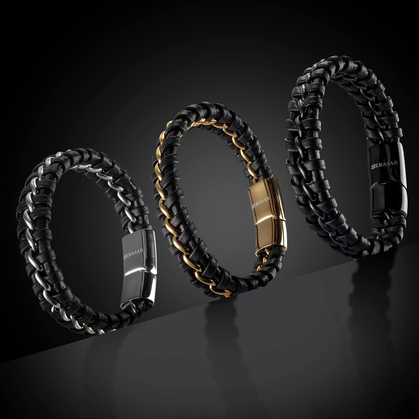 SERASAR 8″ Silver Leather Bracelets for Men Mens Cowhide Gift Box Braided Bracelet Stainless Steel Jewelry Wrist Band Cuff Wrap Rope Bangle Dad Pulseras para Hombres Cuero Regalo