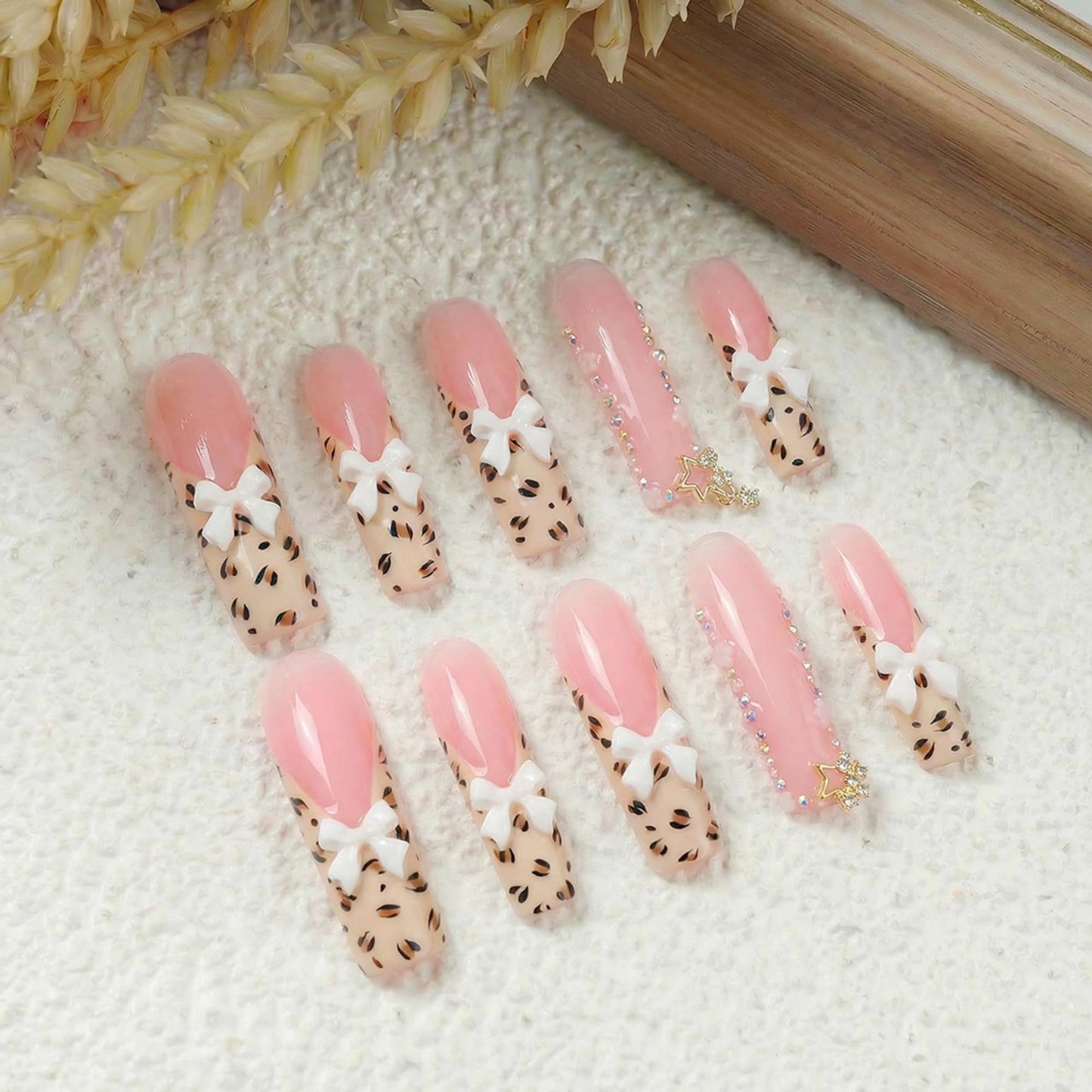 Extra Long Press on Nails Curved Handmade Square Fake Nails French Tip Artificial Nail with Bow and Leopard Designs False Nails Sparkly Pink Full Cover Stick on Nail for Women 10Pcs(Size M)