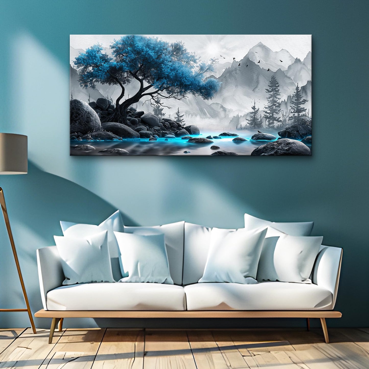 Lapremoly Black And White Wall Painting Canvas Art For Living Room, Office, Bedroom - Blue Tree Landscape Pictures - Hotel Artwork Posters - Family Home Wall Decoration