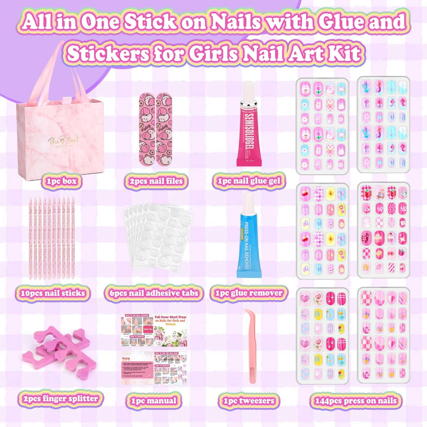 144 Pcs Press on Nails for Kids 10-12, Fake Nails for Girls with Glue & Sticky Tabs, Short Kids Glue on Nails with Cute Designs, Nails Art Gift Set for Girls, Teens & Women
