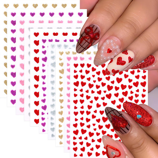 10Pcs Heart Nail Art Stickers Decals 3D Shiny Glitter Love Hearts Self Adhesive Shining Glitters Powder Effect Valentines Heart Nail Design for Lovers Romantic DIY Nail Decoration Manicure Accessories