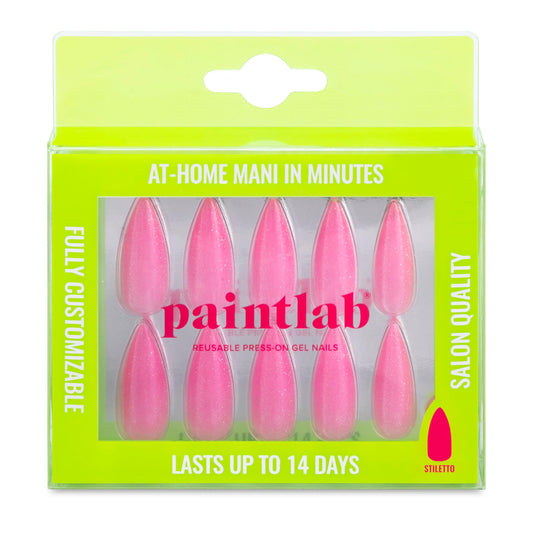 PaintLab Press On Nails - Pink Glitter Stiletto Fake Nails, 30 Nails in 15 Sizes with Glue, Reusable Salon Quality Press On Nails