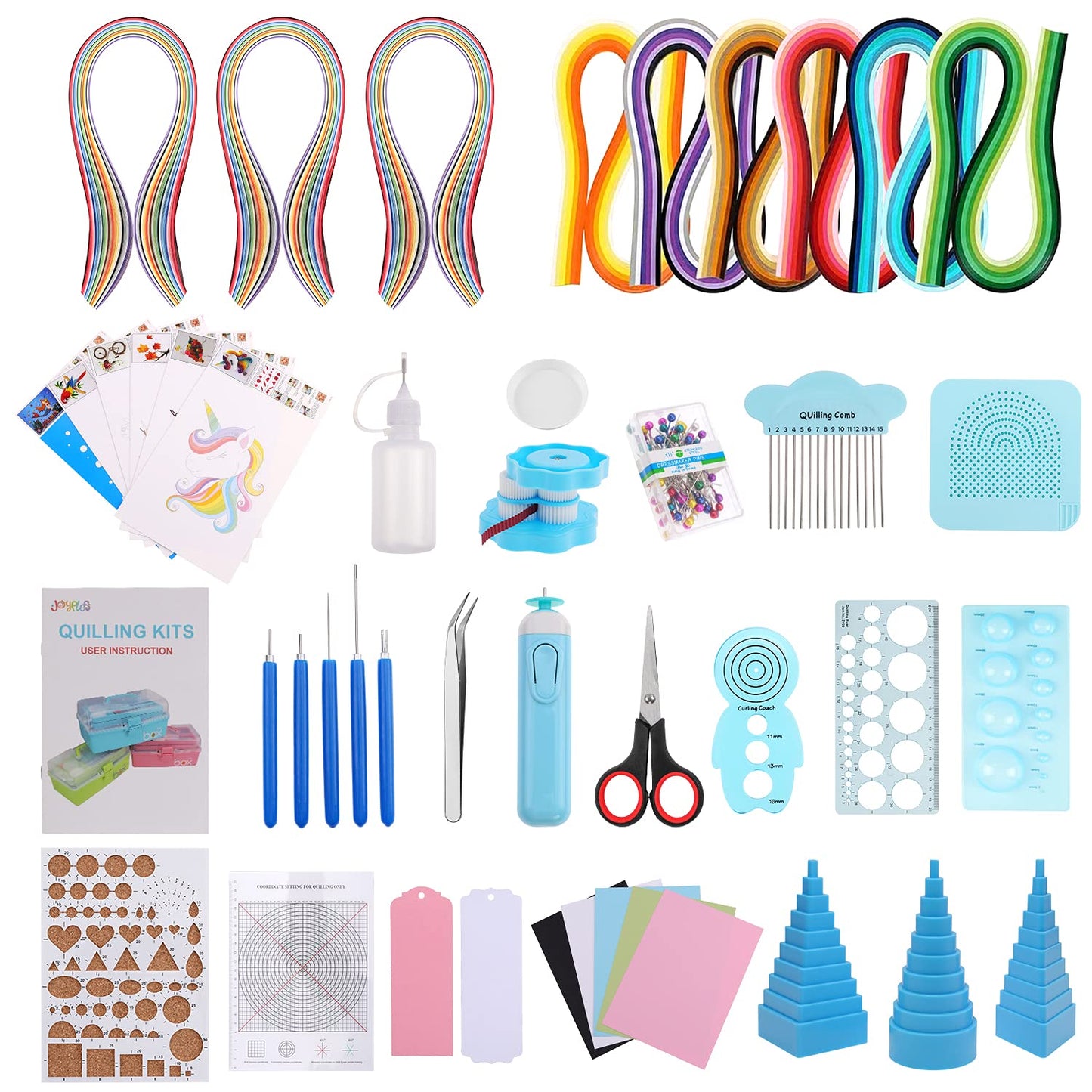 JoyPlus Quilling Kits for Beginners with Manual, 24 Tools & Supplies with Durable Storage Box, Updated Paper Crimper Tool, Premium Husking Board & Electronic Pen Blue