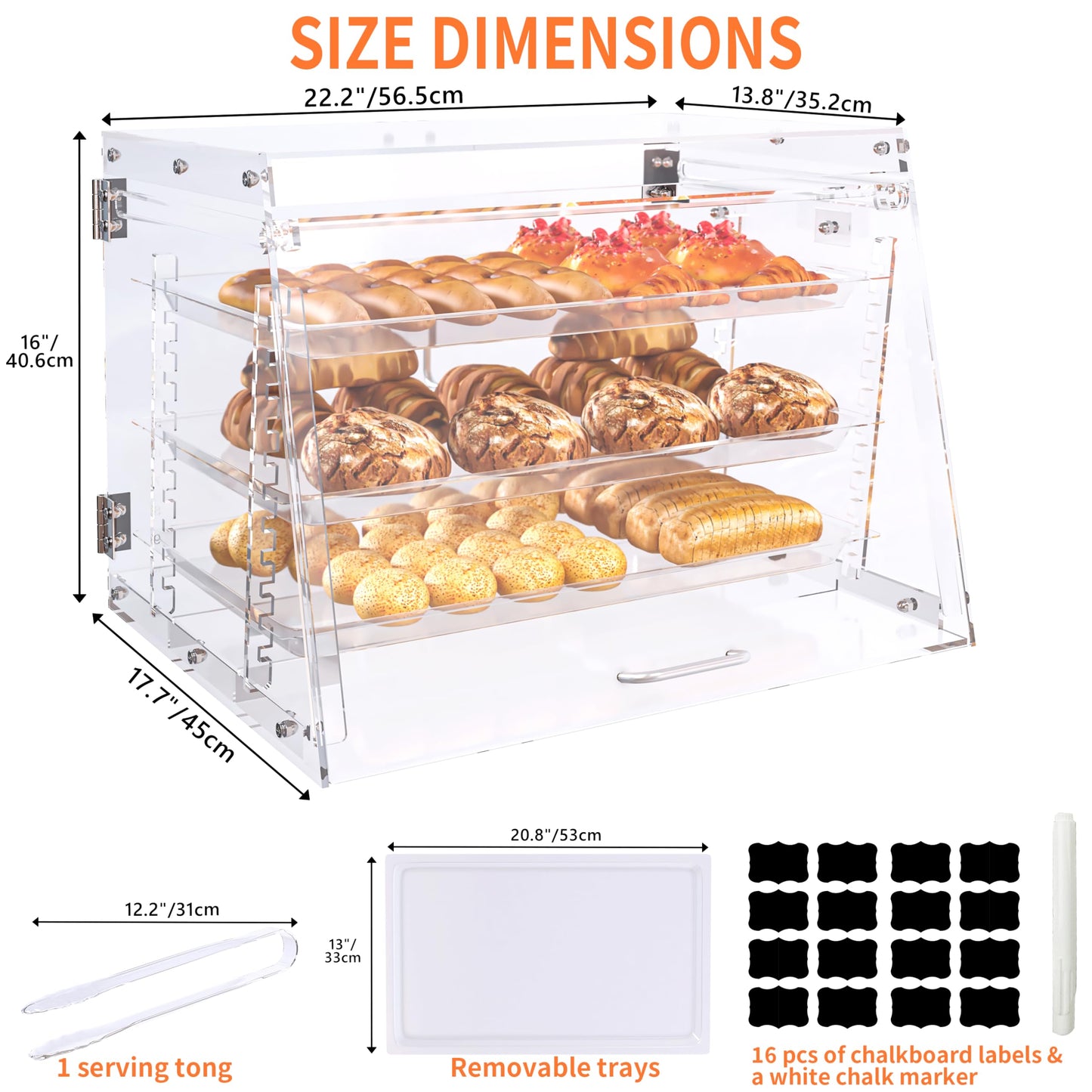 Commercial Countertop Bakery Display Case- Thickened Large Pastry Display Case with Bread Tong - 3 Tray Adjustable Bread Box for Bread,Cake and Cookie, 22.2" x 17.7" x 16"
